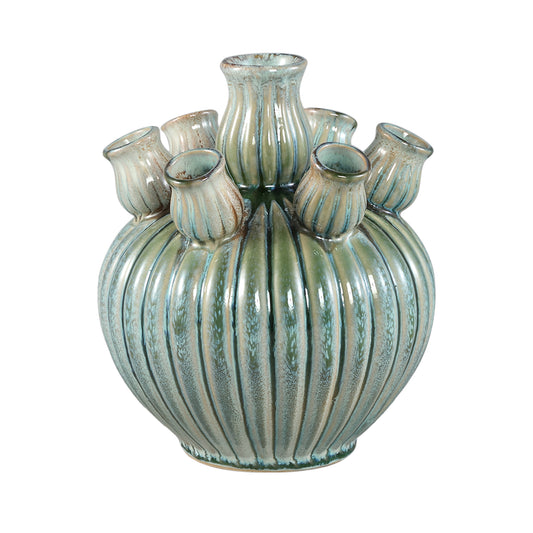 Nolou Turquoise Keramische Tulp Vaas Geribbd Rond Set van 4 Stuks - 4 Sets 20x22x22 cm