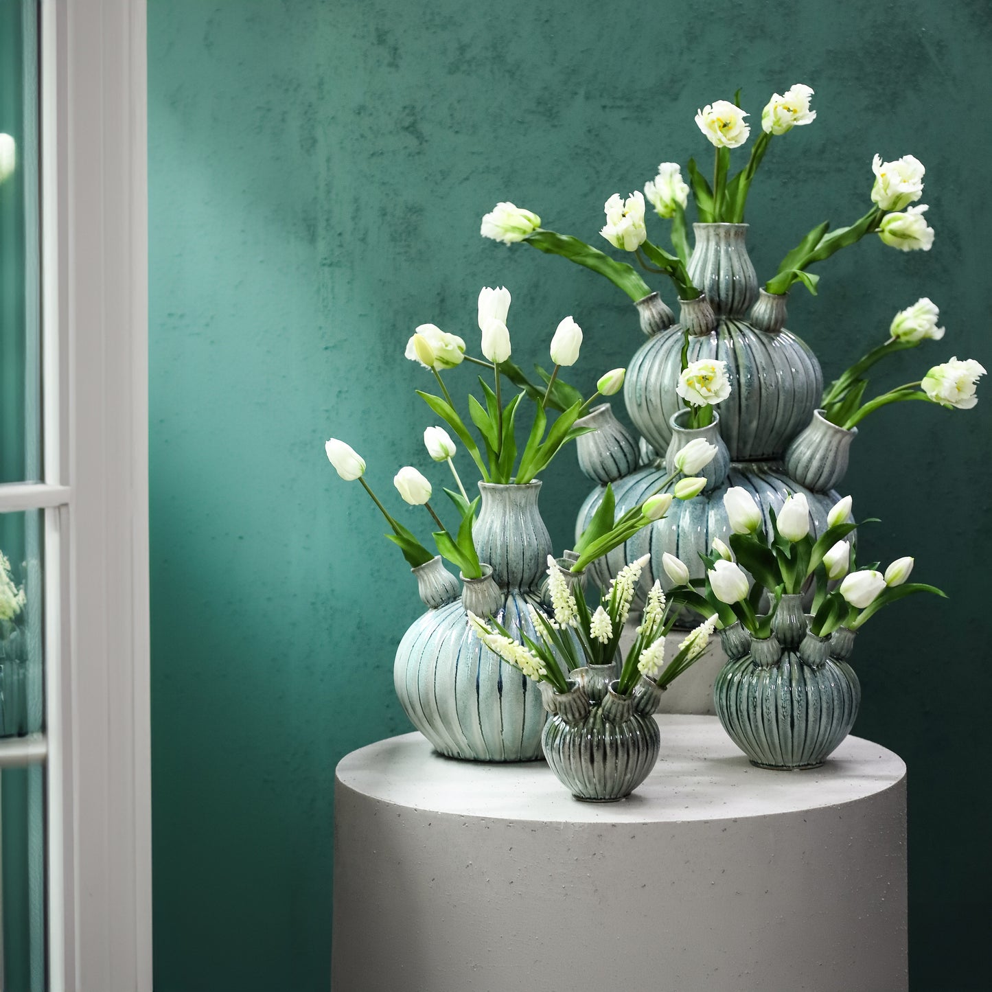 Nolou Turquoise Ceramic Tulip Vase Ribbed Round L