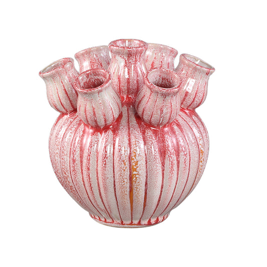 Nolou Roze Keramische Tulp Vaas Geribd Rond Set van 6 Stuks - 6 Sets 17.5x18x18 cm