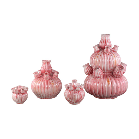 Nolou Roze Keramische Tulp Vaas Geribd Rond L 62x41.5x41.5 cm