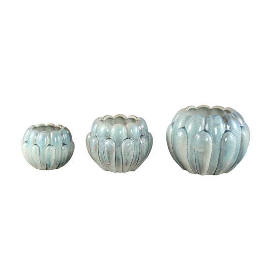 Divinder Petrol Keramische Pot Ribbed Round Set van 4 Stuks - 4 Sets 19x25x25 cm