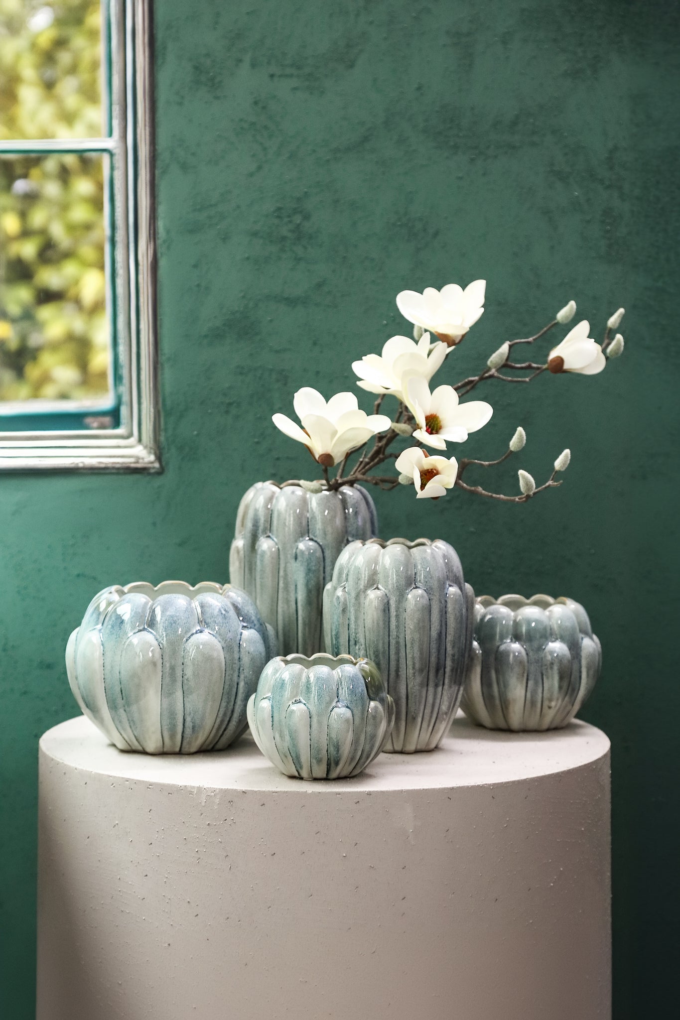 Divinder Petrol Ceramic Ribbed Pot Round L