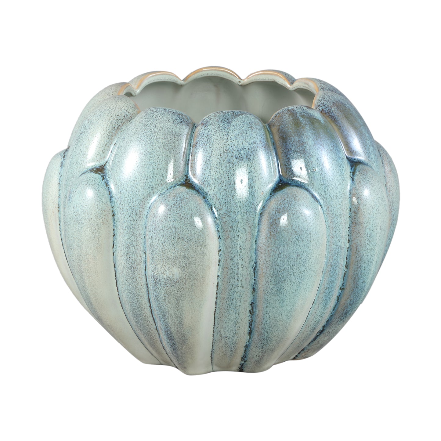 Divinder Petrol Keramische Pot Ribbed Round Set van 4 Stuks - 4 Sets 19x25x25 cm