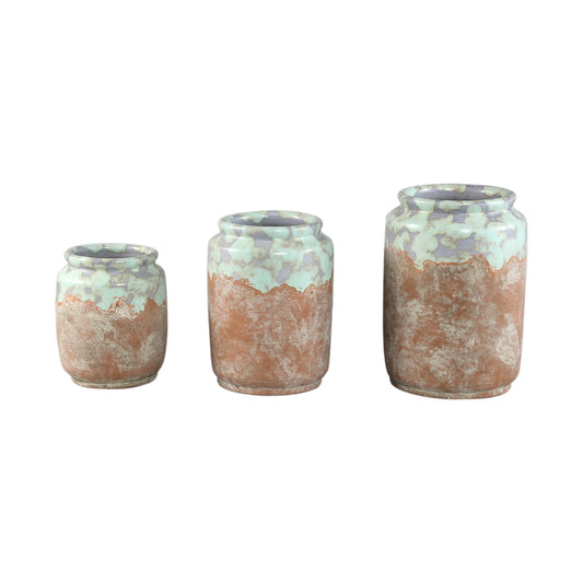 Breffni Blauwe Ronde Keramische Pot Glazen Top L – Set van 4 Stuks - 4 Sets 29x21x21 cm