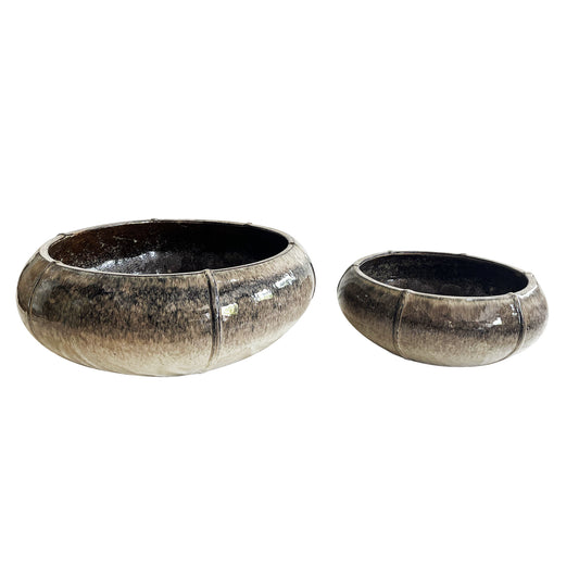 Azad Cream Ceramic Bowl Pot Low Round Set Of 2