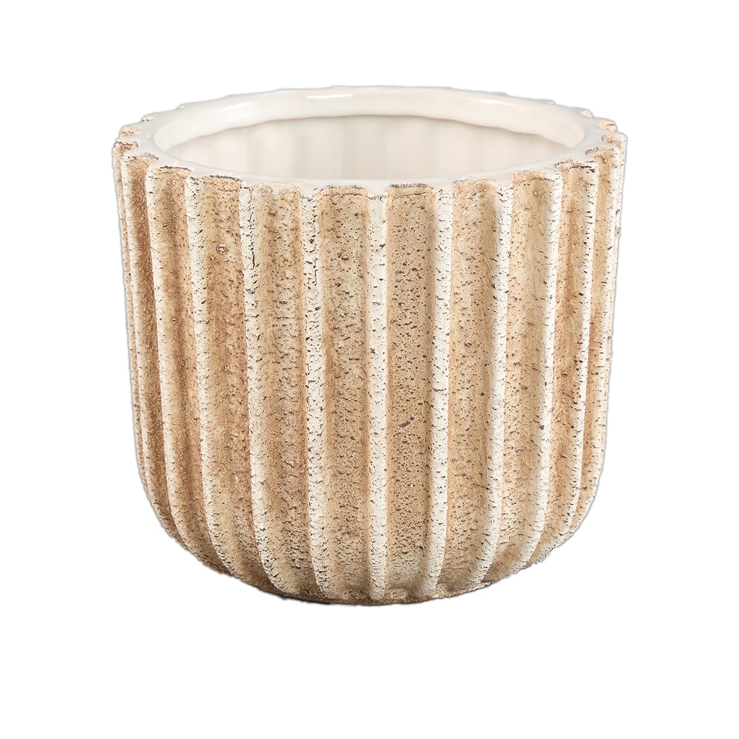 Ghada Bruine Keramische Ronde Pot Met Lijnen L - Set van 12 13.5x15x15 cm