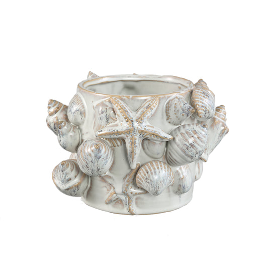 Prince Cream Ceramic Pot 3D Seashells Round Low M