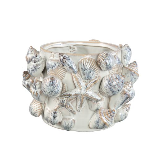 Prince Cream Ceramic Pot 3D Seashells Round Low L