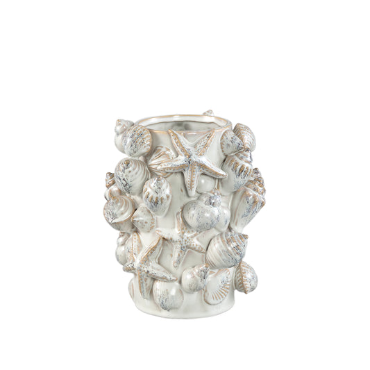 Prince Crème Keramische Pot met 3D Schelpen Rond Hoog Set van 2 - 2 Sets 22.5x18.5x18 cm