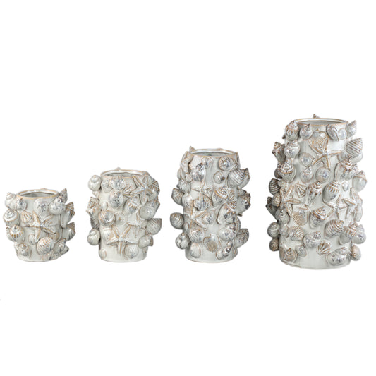 Prince Crème Keramische Pot Met 3D Schelpen Rond Hoog XL 37.5x25x24 cm