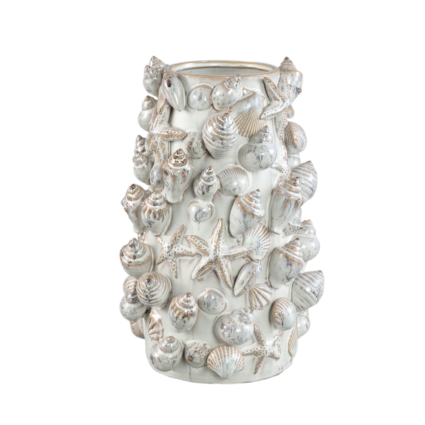 Prince Crème Keramische Pot Met 3D Schelpen Rond Hoog XL 37.5x25x24 cm