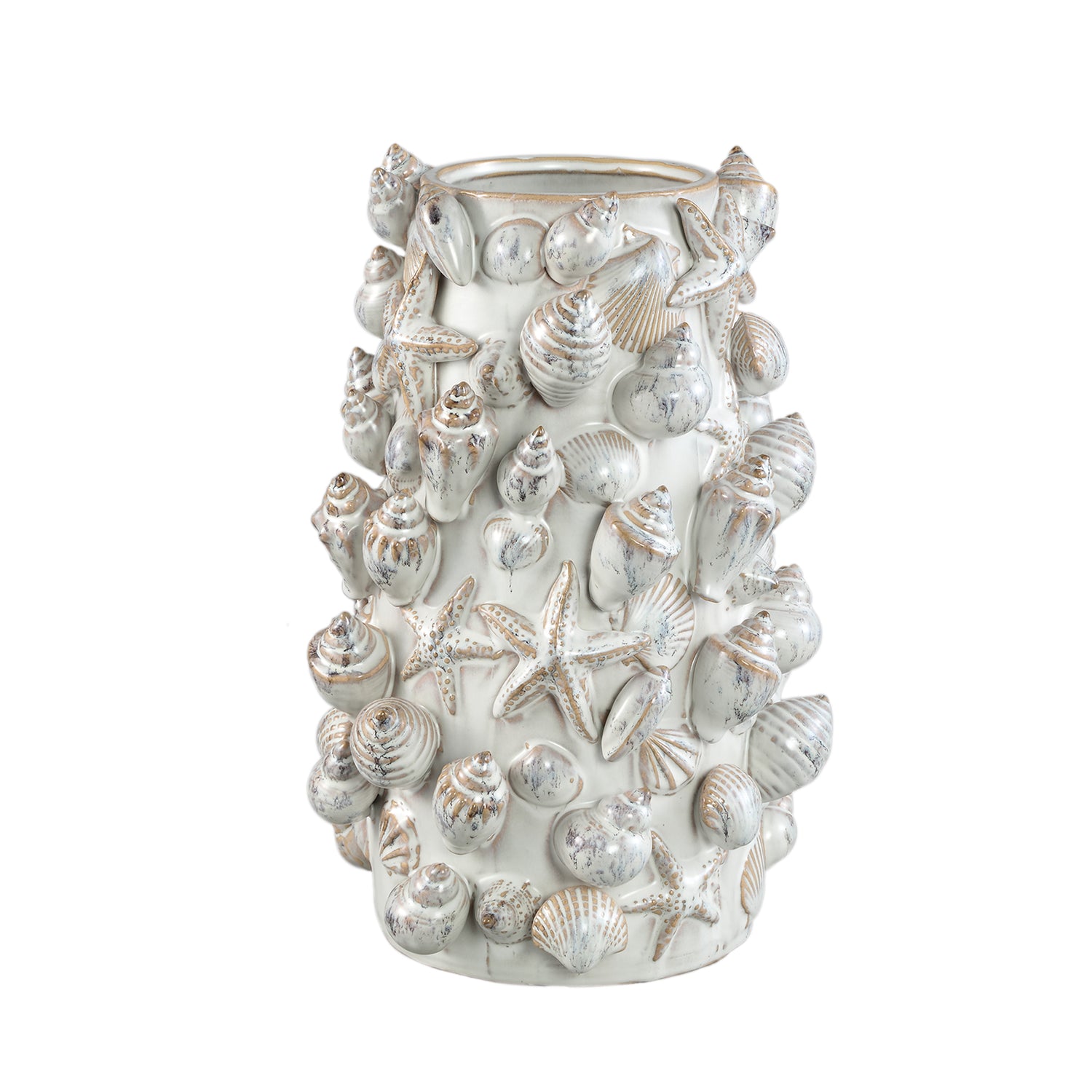 Prince Crème Keramische Pot Met 3D Schelpen Rond Hoog XL 37.5x25x24 cm