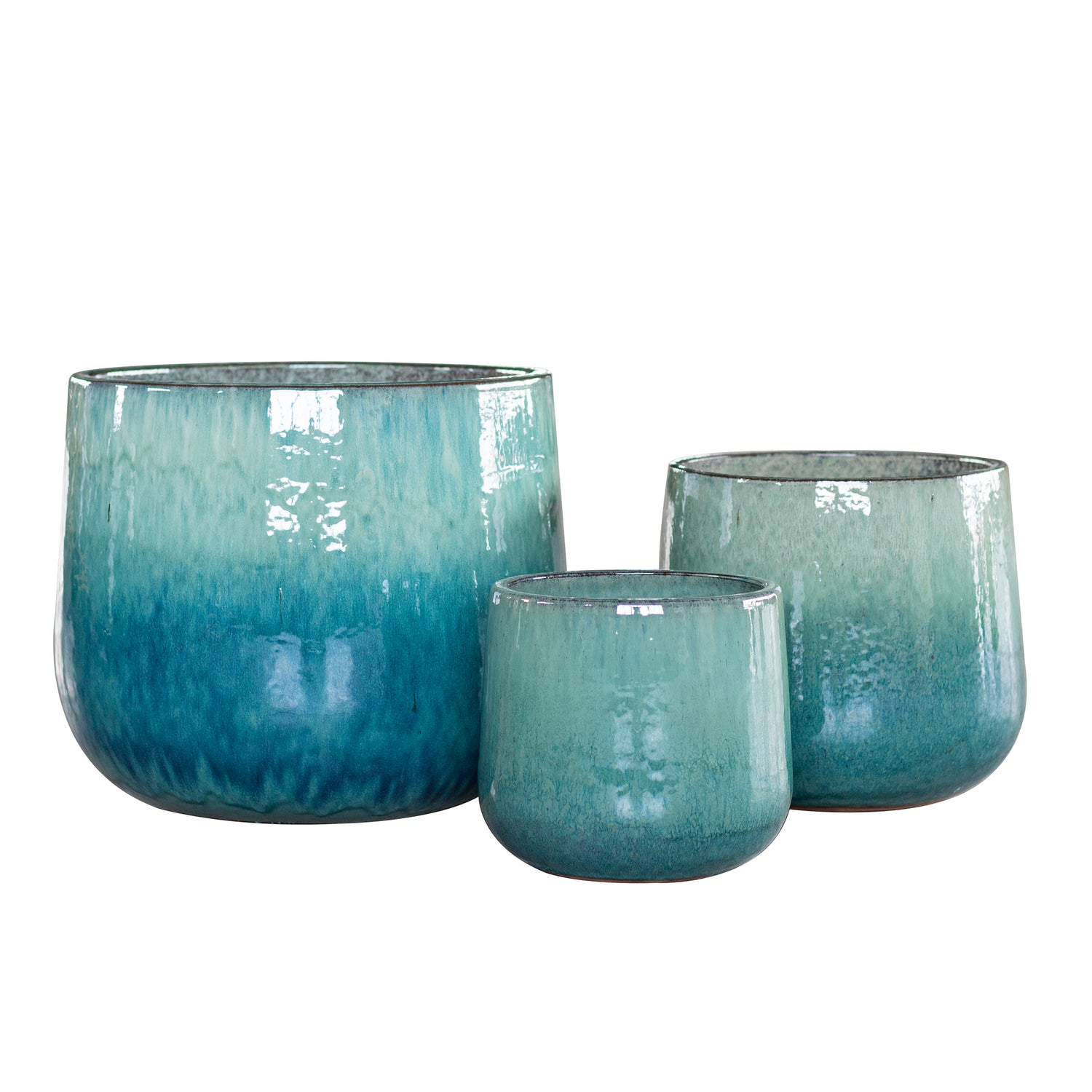 Novii Blauwe Keramische Glazuurde Pot Set Van 3 Rond 38x46x46 cm