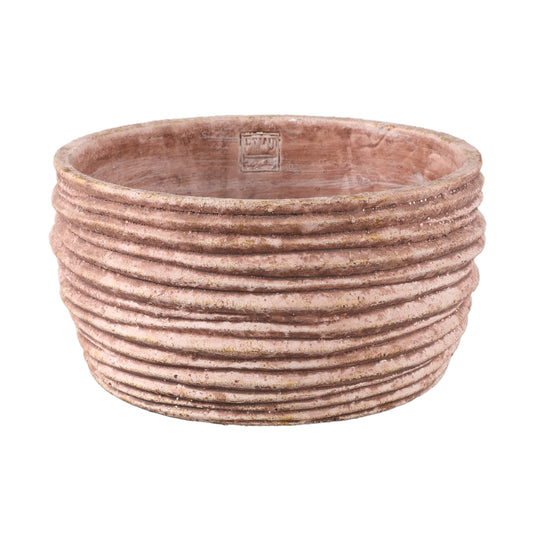 Einnas Bruine Ronde Cement Pot Geribd Laag Set van 4 Stuks - 4 Sets 15x30x30 cm