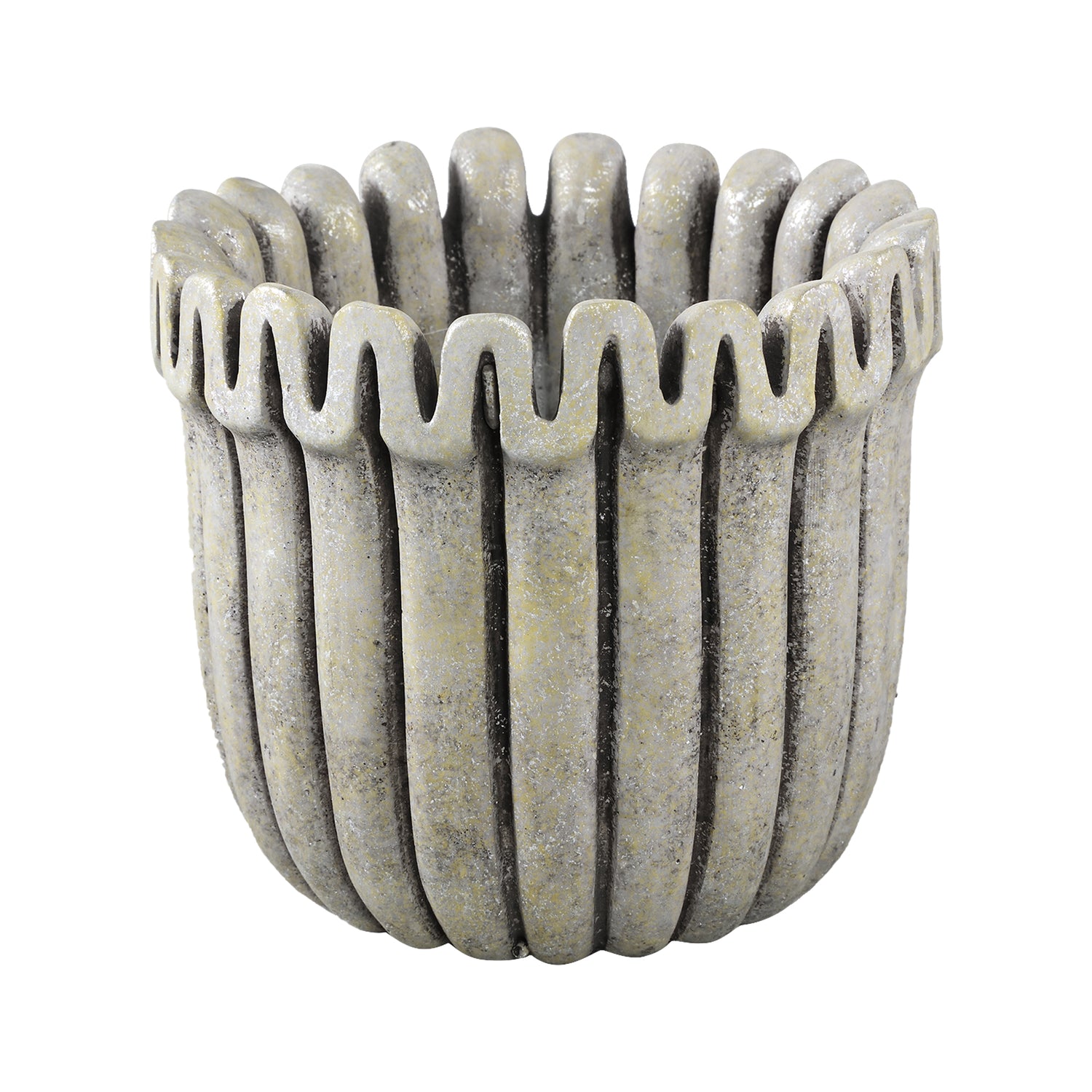 Raffay Grijs Cement Ronde Pot met Geribde Lijnen Set van 6 Stuks L - 6 Sets 16x19x19 cm