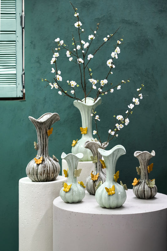 Tamarae Green Ceramic Flowy Vase W Butterfly S