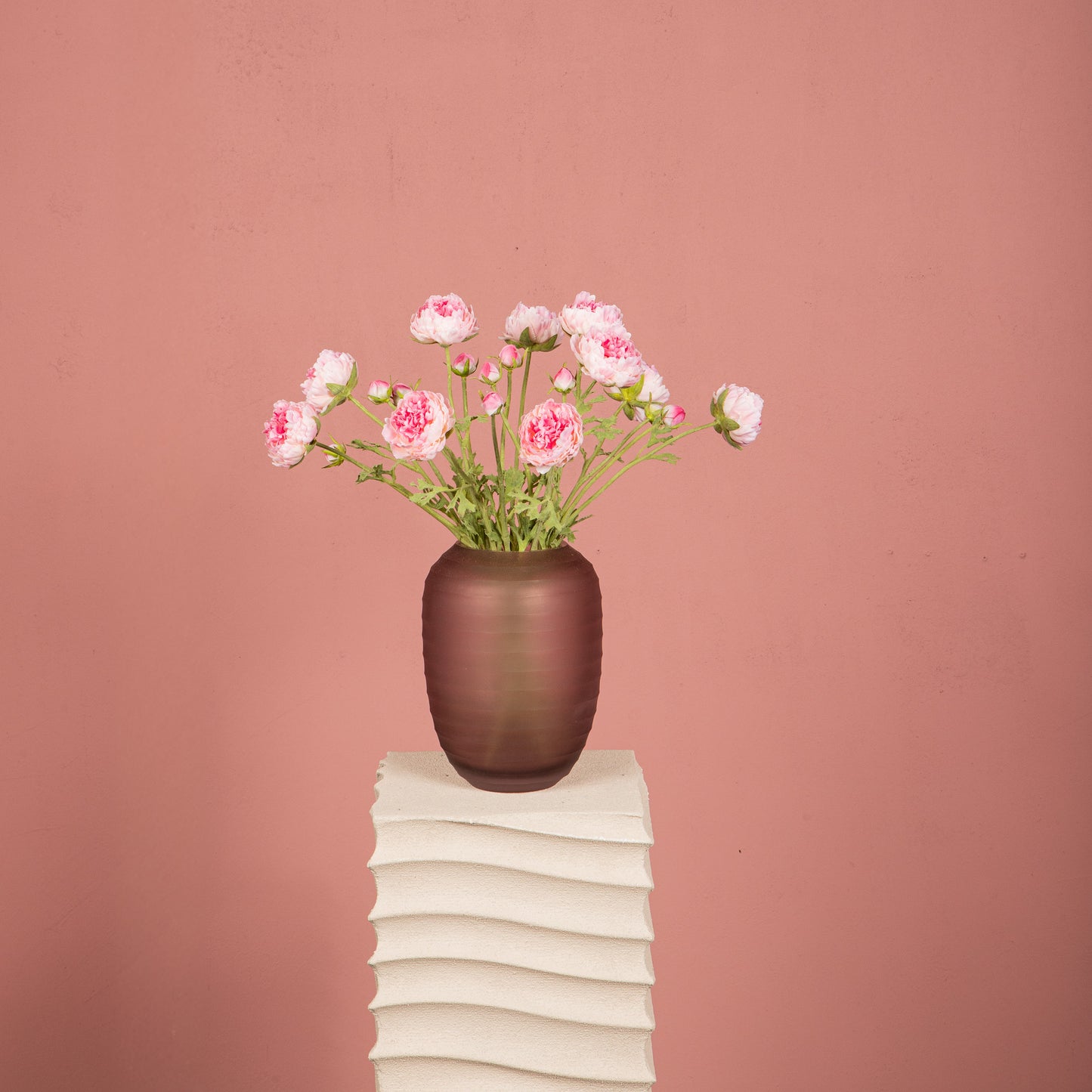 Ranonkel Flower Roze Spray Met Knop En Bladeren - Set van 12 39x23x13 cm