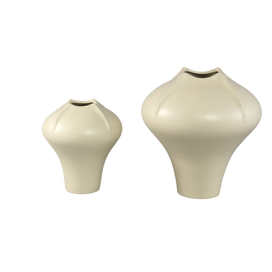 Ginos Crème Mat Keramische Organische Bol Vaas S - Set van 2 25x22x22 cm