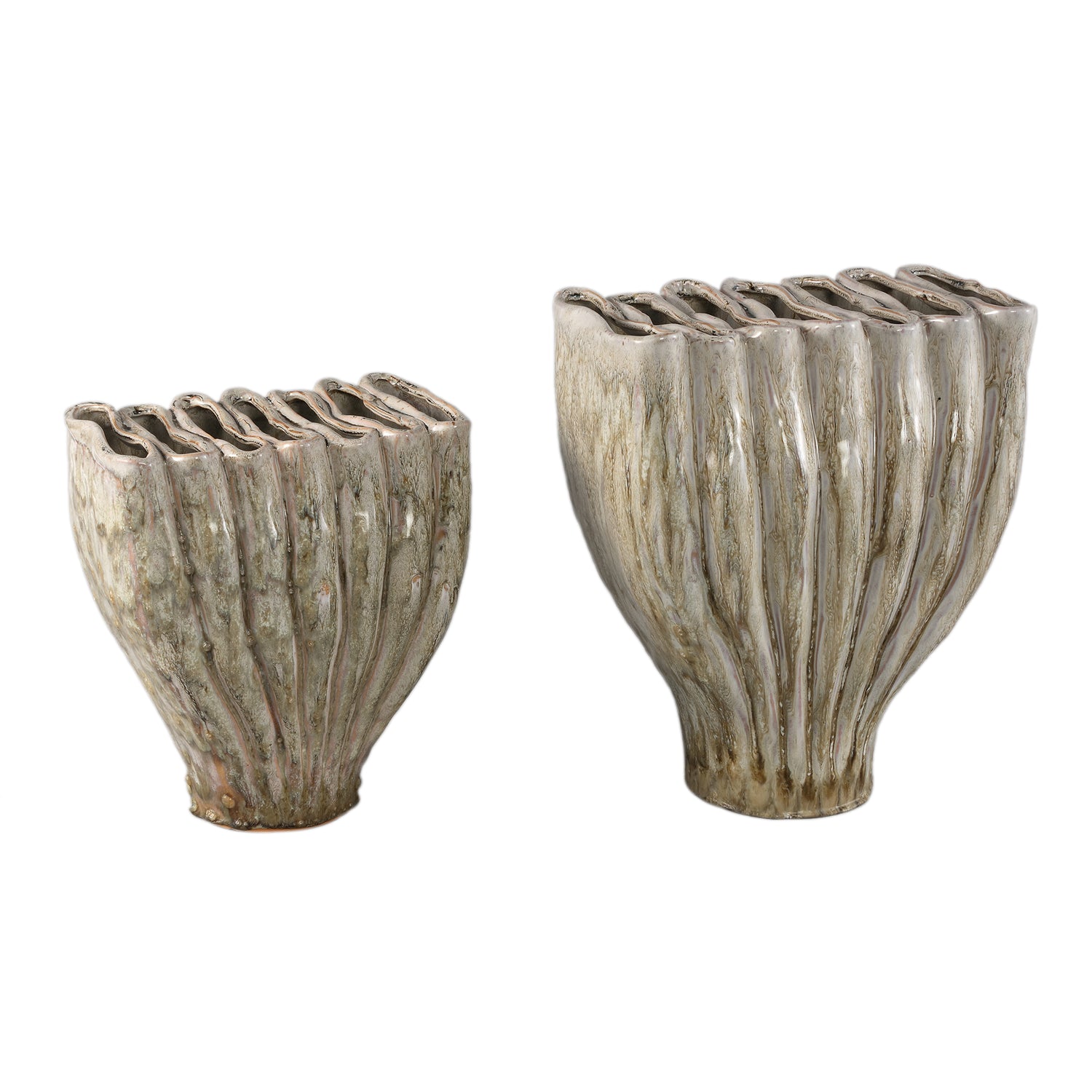 Trish Crème Keramische Vaas Ovaal met Gedeelde Top Set van 2 27.5x24.5x17.5 cm