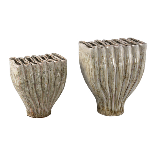 Trish Crème Keramische Vaas Ovaal met Gedeelde Top Set van 2 27.5x24.5x17.5 cm
