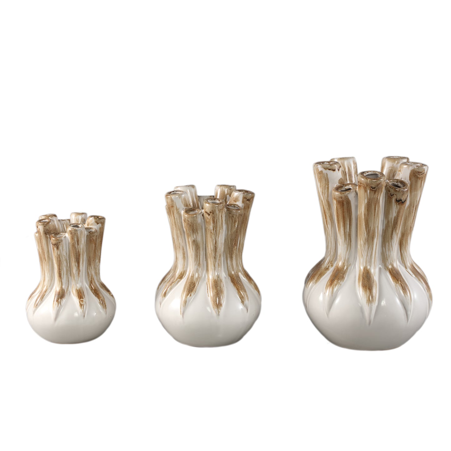 Manali Crème Keramische Ronde Vaas Gekleurde Buizen Set van 4 20x14x14 cm