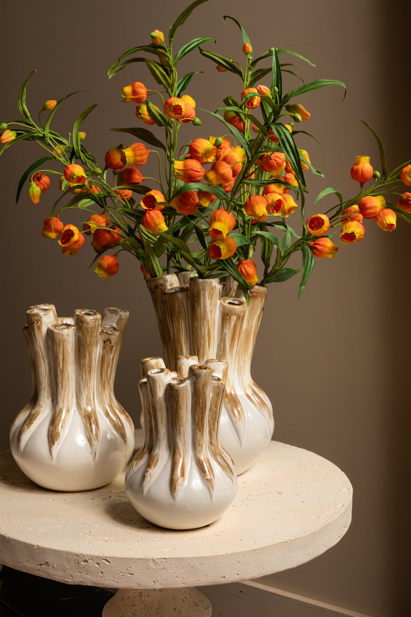 Manali Cream Ceramic Round Vase Colored Tubes L