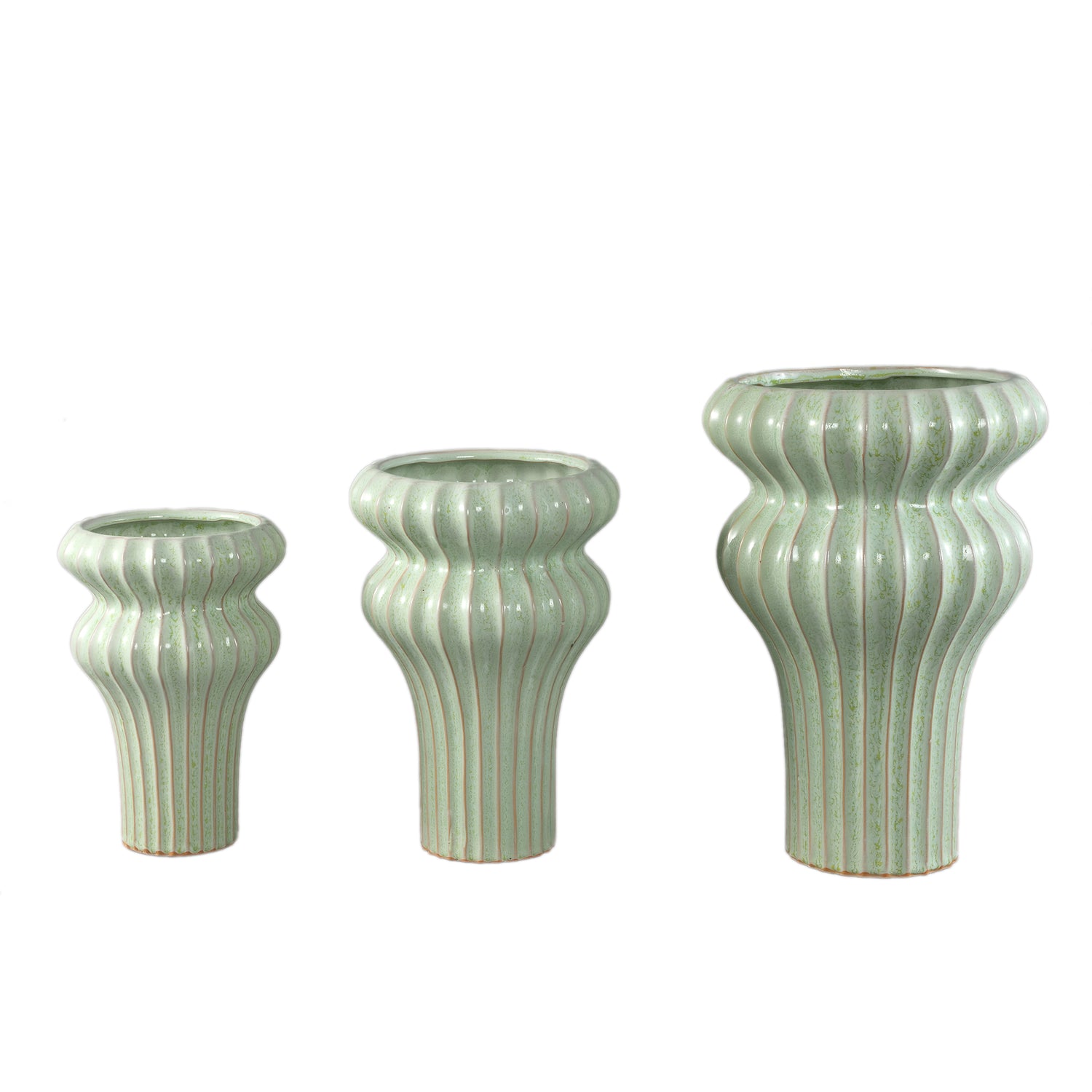 Glenna Mint Keramische Ronde Geribde Pot Set van 2 Stuks 24.5x17x17 cm