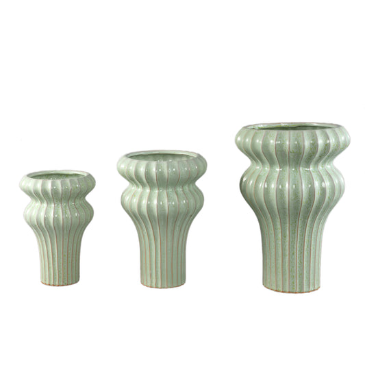 Glenna Mint Keramische Ronde Geribde Pot Set van 2 Stuks 24.5x17x17 cm