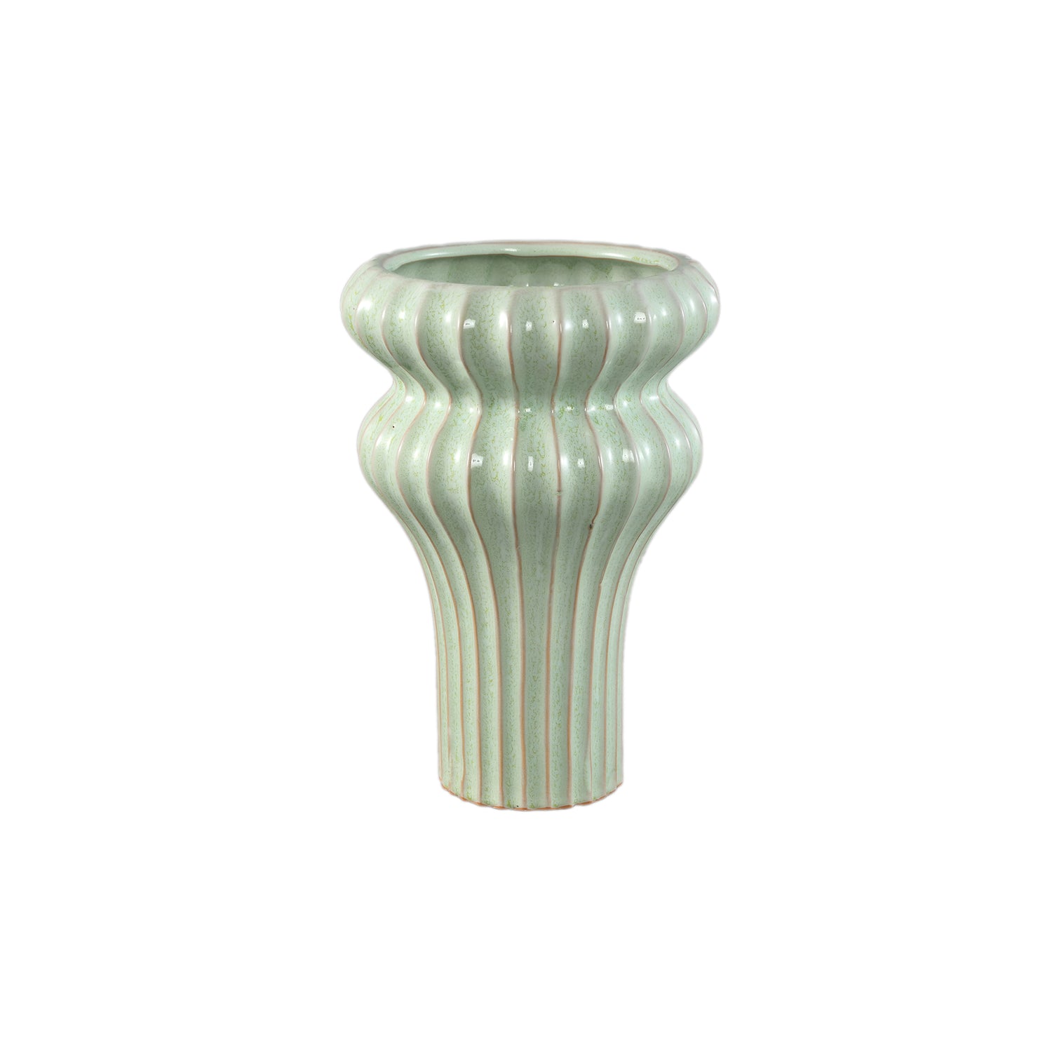Glenna Mint Keramische Ronde Geribbelde Pot Set van 2 Stuks M - 2 Sets 29x21x21 cm