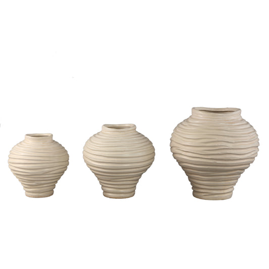 Mickie Beige Ronde Bol Keramische Vaas Geribd Set van 2 21x21x21 cm