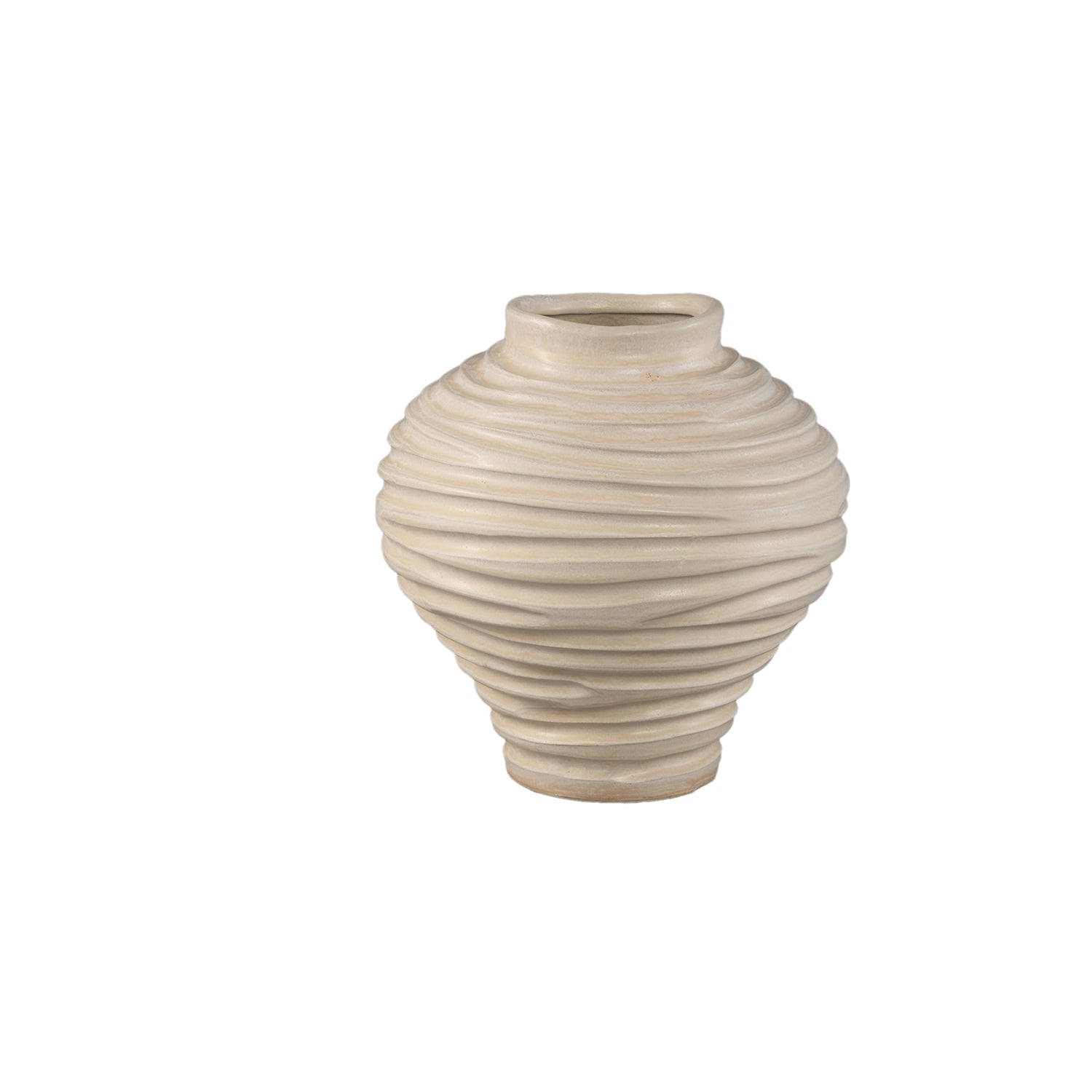Mickie Beige Ronde Bol Keramische Vaas Geribd Set van 2 - 2 Sets 21x21x21 cm