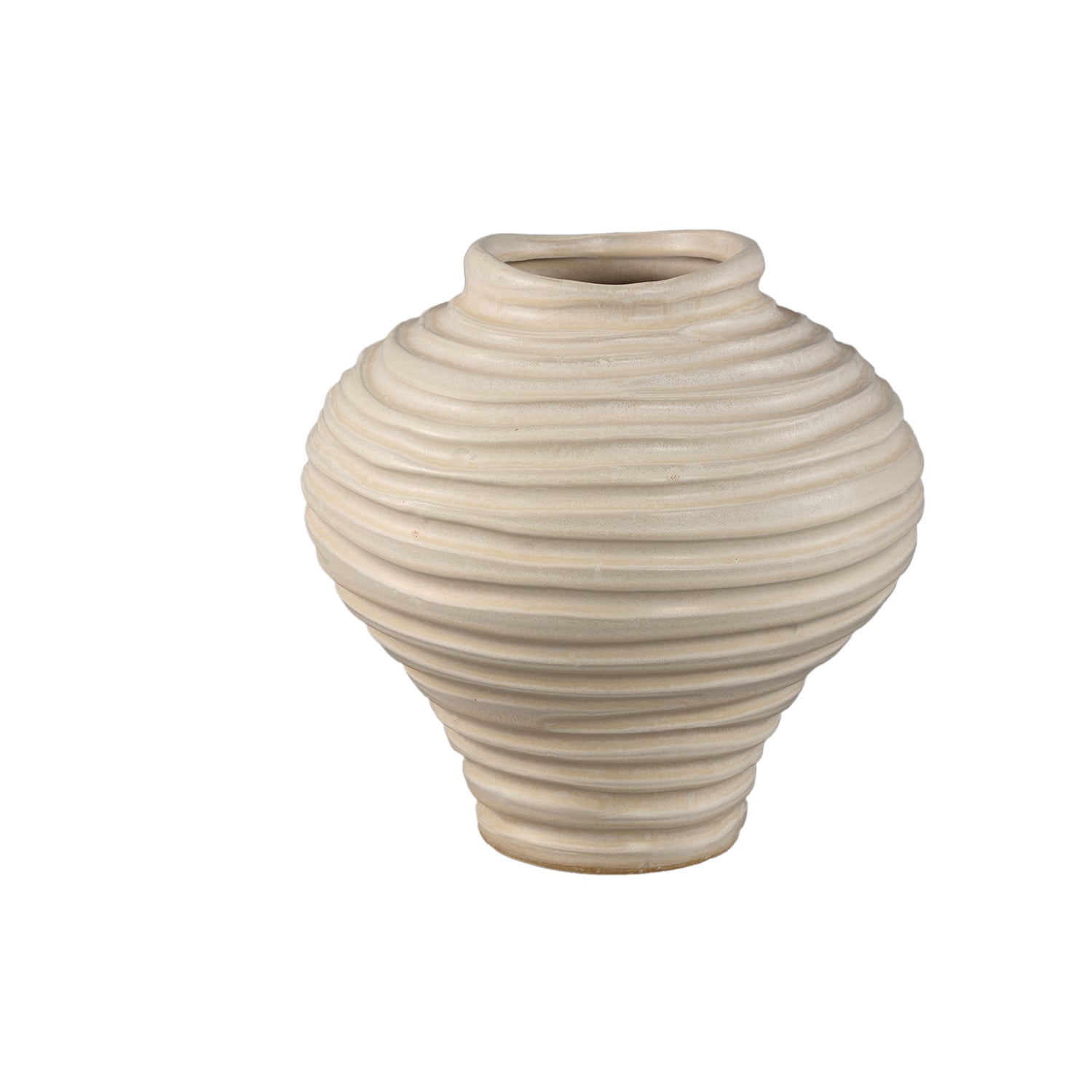 Mickie Beige Ronde Bol Keramische Vaas Geribd Set van 2 - 2 Sets 26x26x26 cm