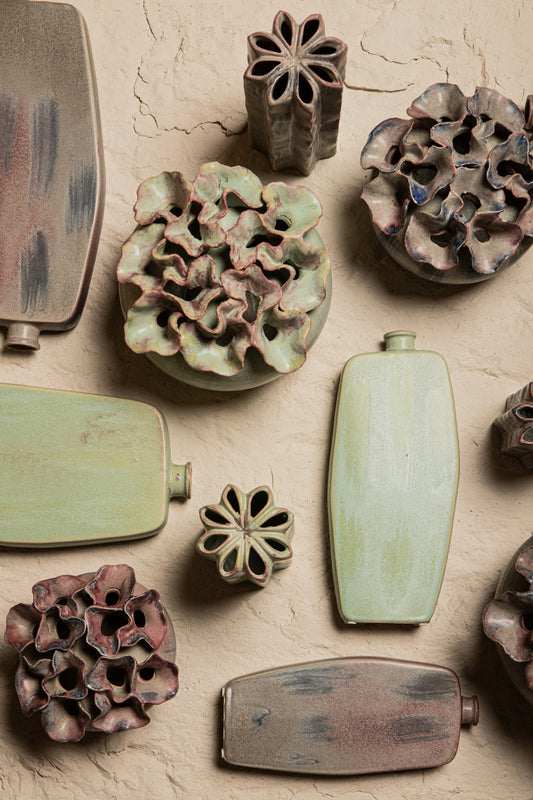 Jullia Green Ceramic Vase Flower Shaped Holes S