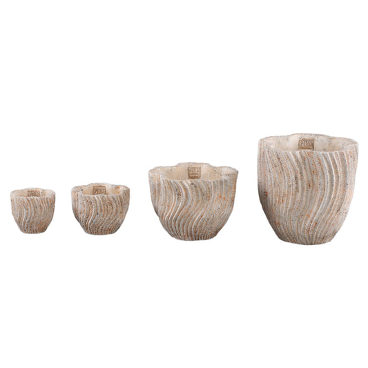 Robbien Crème Keramische Pot Met Golflijnen Rond M - Set van 12 13x18x18 cm