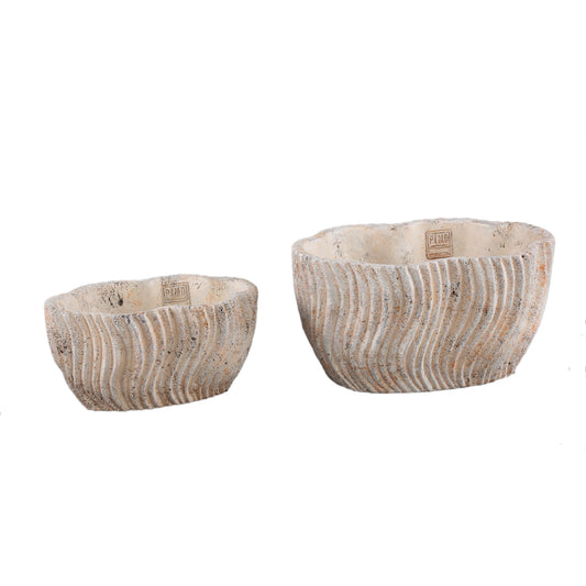 Robbien Crème Cement Ovale Pot met Golflijnen Laag S - Set van 12 Stuks 12x23x14 cm