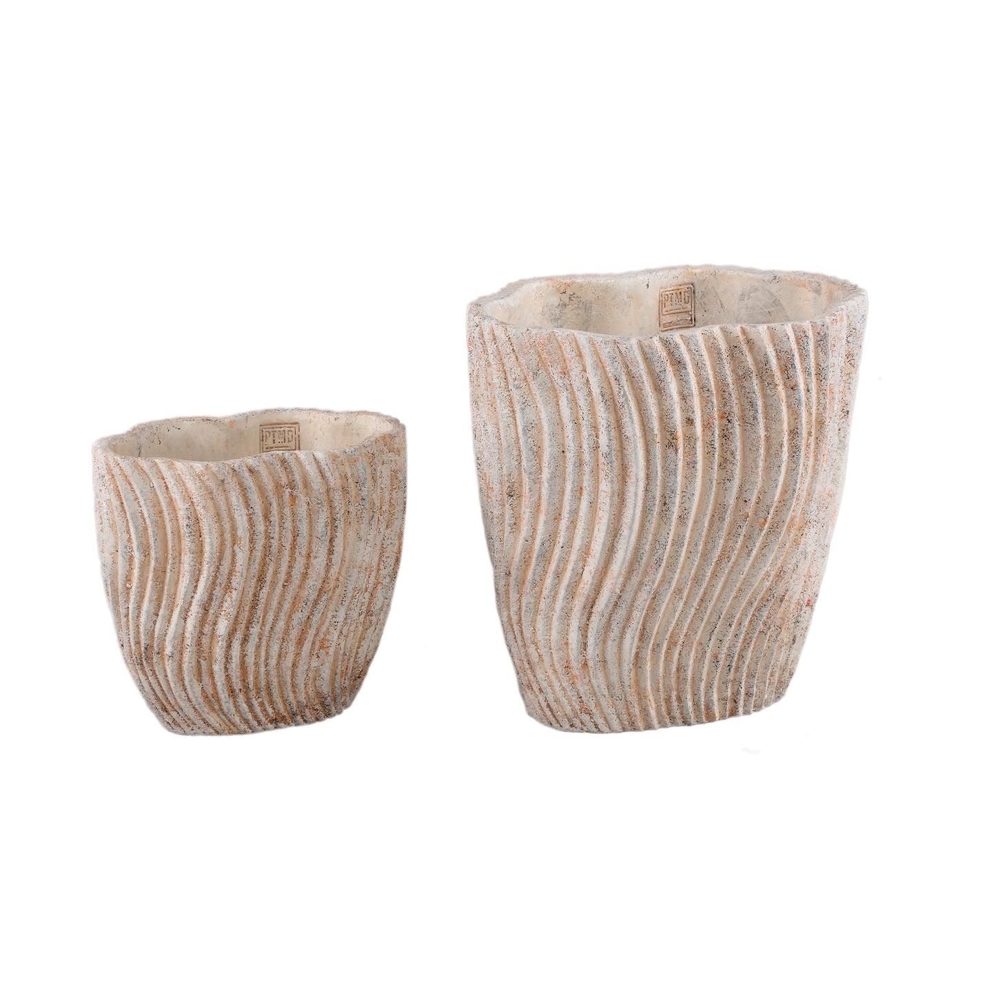 Robbien Crème Cement Ovale Pot Met Golflijnen Set Van 6 Stuks 22x23x14 cm