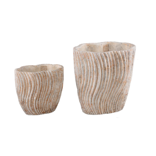 Robbien Crème Cement Ovale Pot Met Golflijnen Set Van 6 Stuks 22x23x14 cm