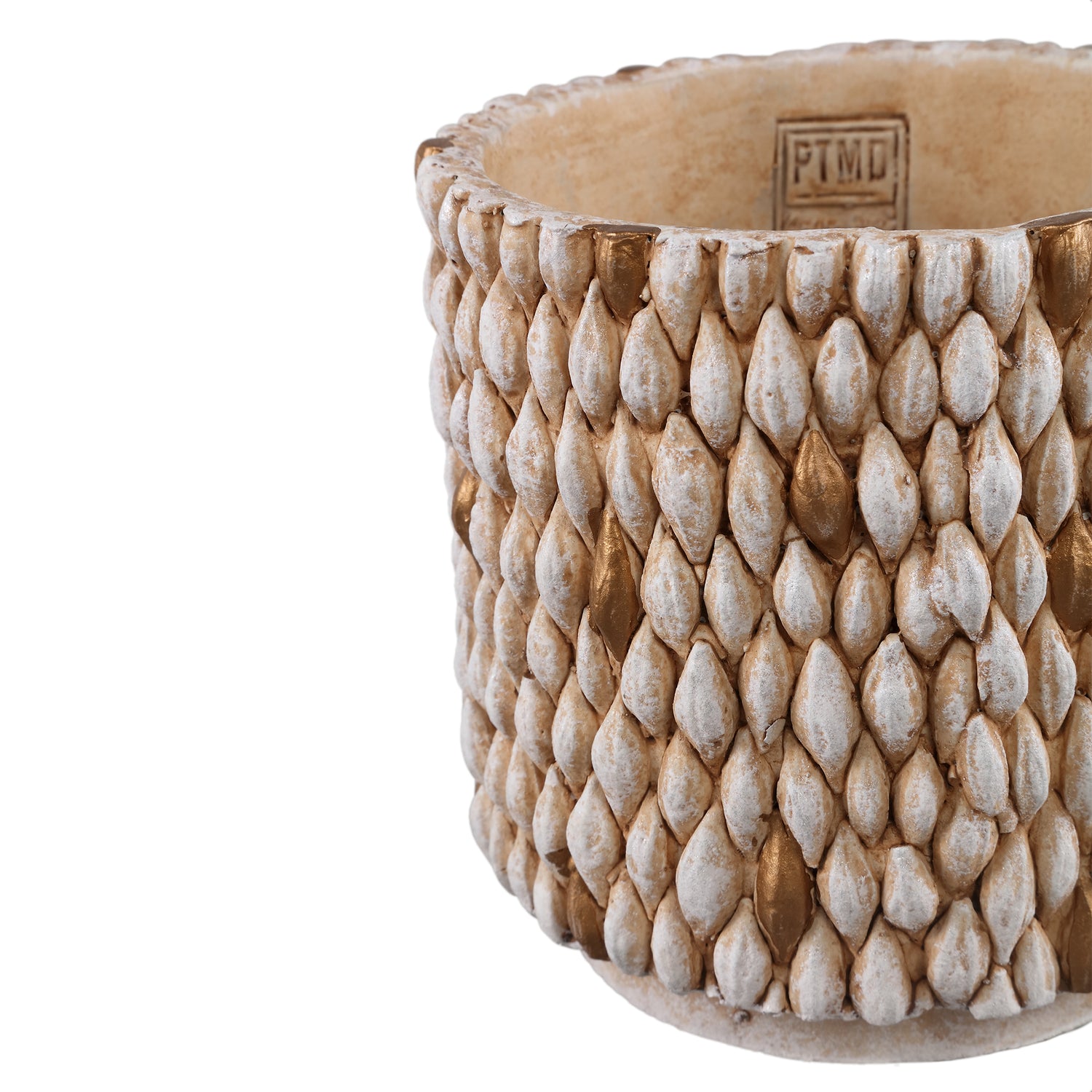 Hilla Crème Ronde Cementpot Met Gouden Details L - Set Van 8 Stuks - 8 Sets 18x18x18 cm