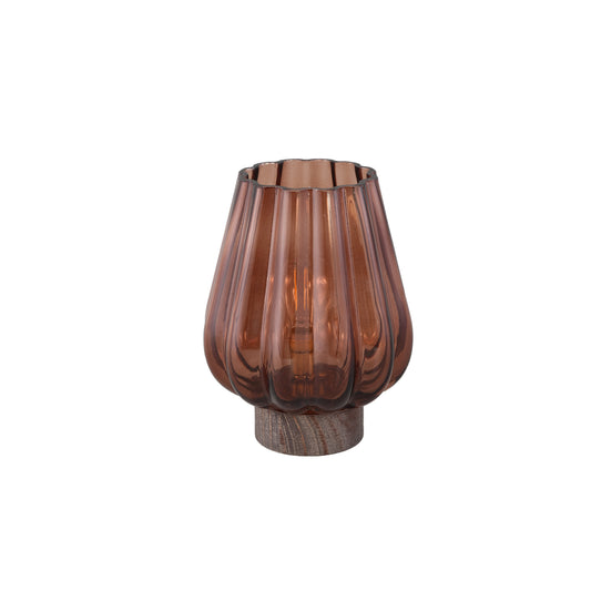 Zyon Bruine Glazen LED-lamp met Houten Voet Set van 4 - 4 Sets 18.5x14x14 cm