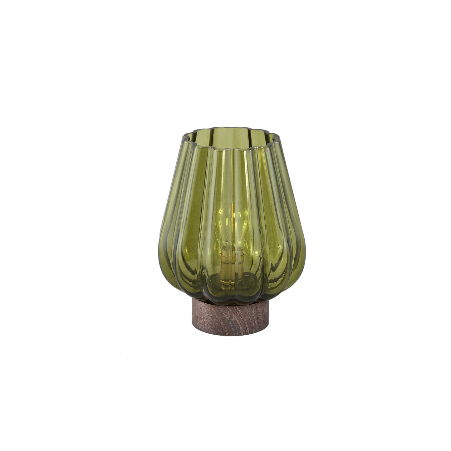 Zyon Groen Glazen LED-licht Met Houten Voet Set van 4 Stuks - 4 Sets 18.5x14x14 cm