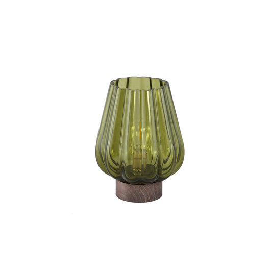 Zyon Groen Glazen LED-licht Met Houten Voet Set van 4 Stuks - 4 Sets 18.5x14x14 cm