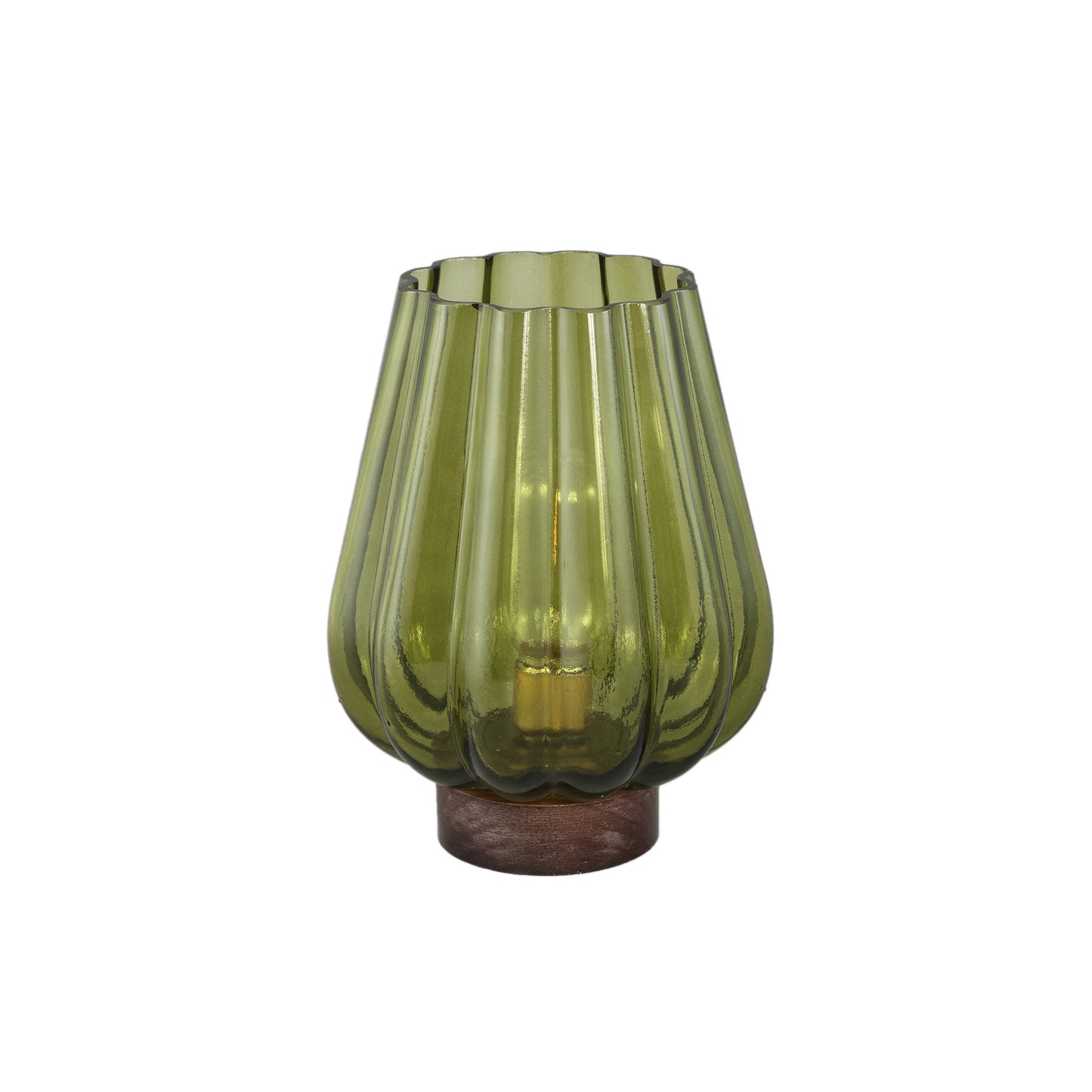 Zyon Groen Glazen LED-licht Met Houten Voet L - Set Van 2 - 2 Sets 23x17.5x17.5 cm