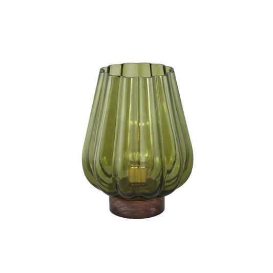 Zyon Groen Glazen LED-licht Met Houten Voet L - Set Van 2 - 2 Sets 23x17.5x17.5 cm
