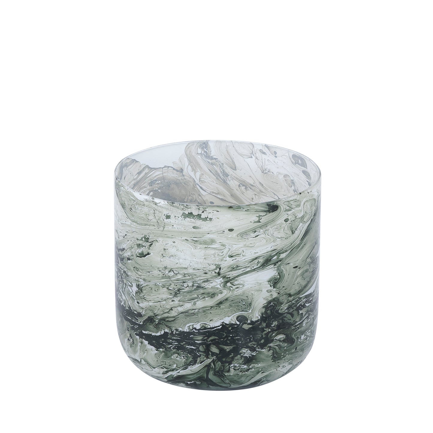 Kinner Groen Rond Glazen Windlicht Wit Marmer Set van 12 Stuks - 12 Sets 14x14x14 cm