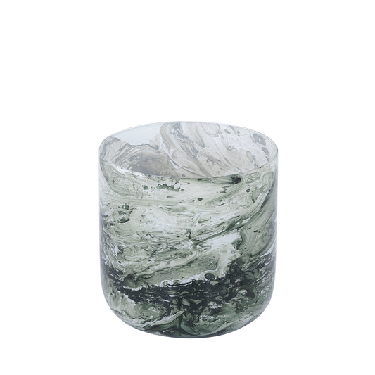 Kinner Groen Rond Glazen Windlicht Wit Marmer Set van 12 Stuks - 12 Sets 14x14x14 cm