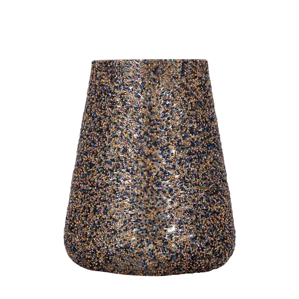 Leahna Bruin Rond Glaze Windlicht met Kralen Set van 2 - 2 Sets 19x15x15 cm