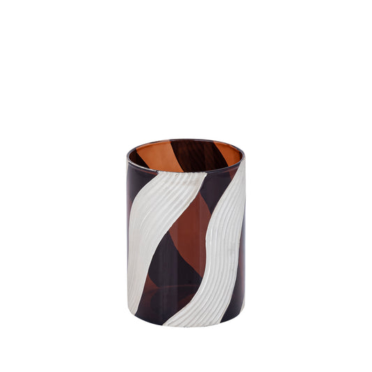 Avan Bruin Glas Windlicht Geribd Crème Lijnen Set van 6 - 6 Sets 16x12x12 cm