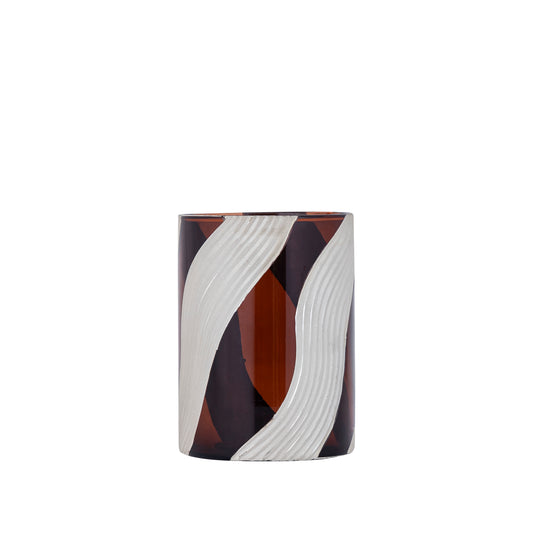 Avan Bruin Glas Windlicht Geribd Crème Lijnen Set van 6 - 6 Sets 16x12x12 cm