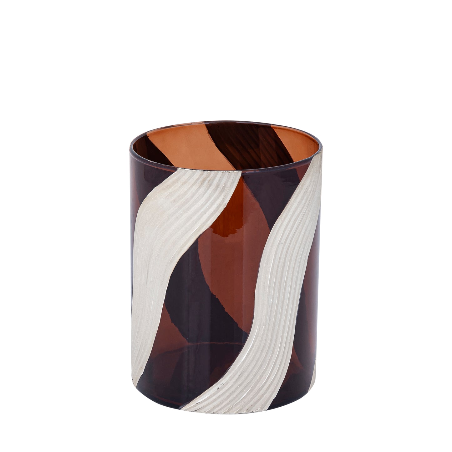 Avan Bruin Glas Windlicht Geribbd Crème Lijnen Set van 4 M - 4 Sets 20x15x15 cm