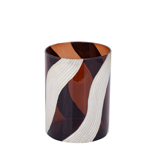 Avan Bruin Glas Windlicht Geribbd Crème Lijnen Set van 4 M - 4 Sets 20x15x15 cm